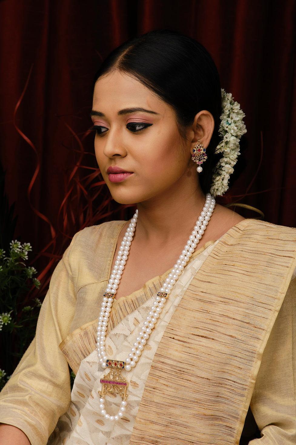 Pearl Long Necklace For Saree Ainara Traditional Pearl Necklace Set