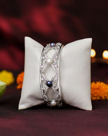 Silver Pearl & Crystal Statement Bangle