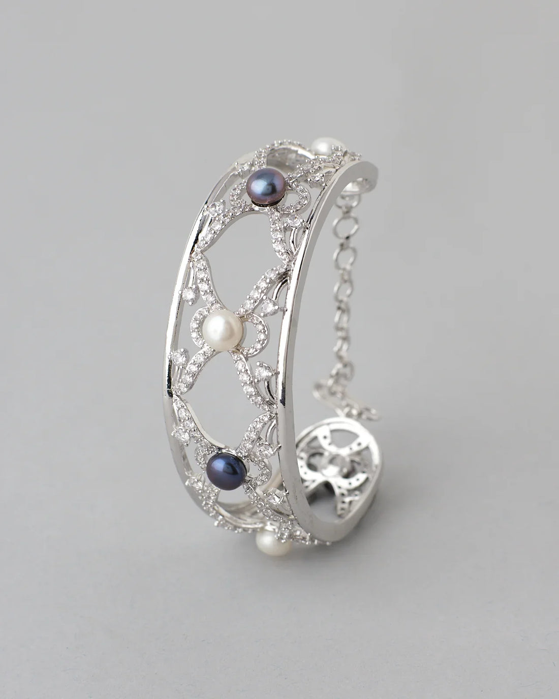 Silver Pearl & Crystal Statement Bangle