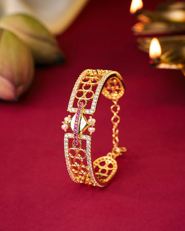 Designer Gold Bangle with Ruby Accents, Pearl Clusters and CZ Detailing