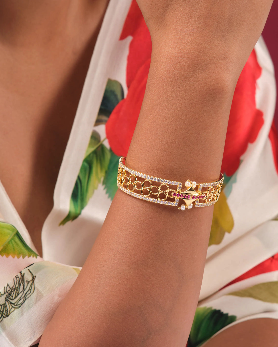 Designer Gold Bangle with Ruby Accents, Pearl Clusters and CZ Detailing