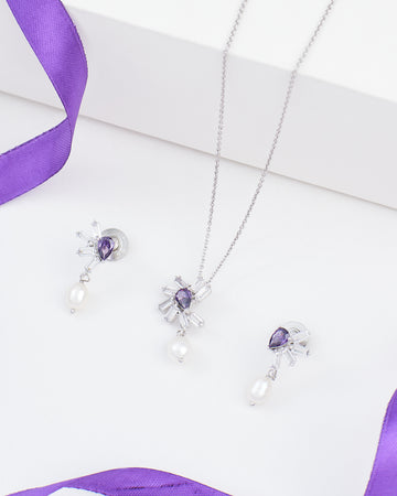 Twilight Teardrop Pendant Set Sterling Silver with CZ & Pearl
