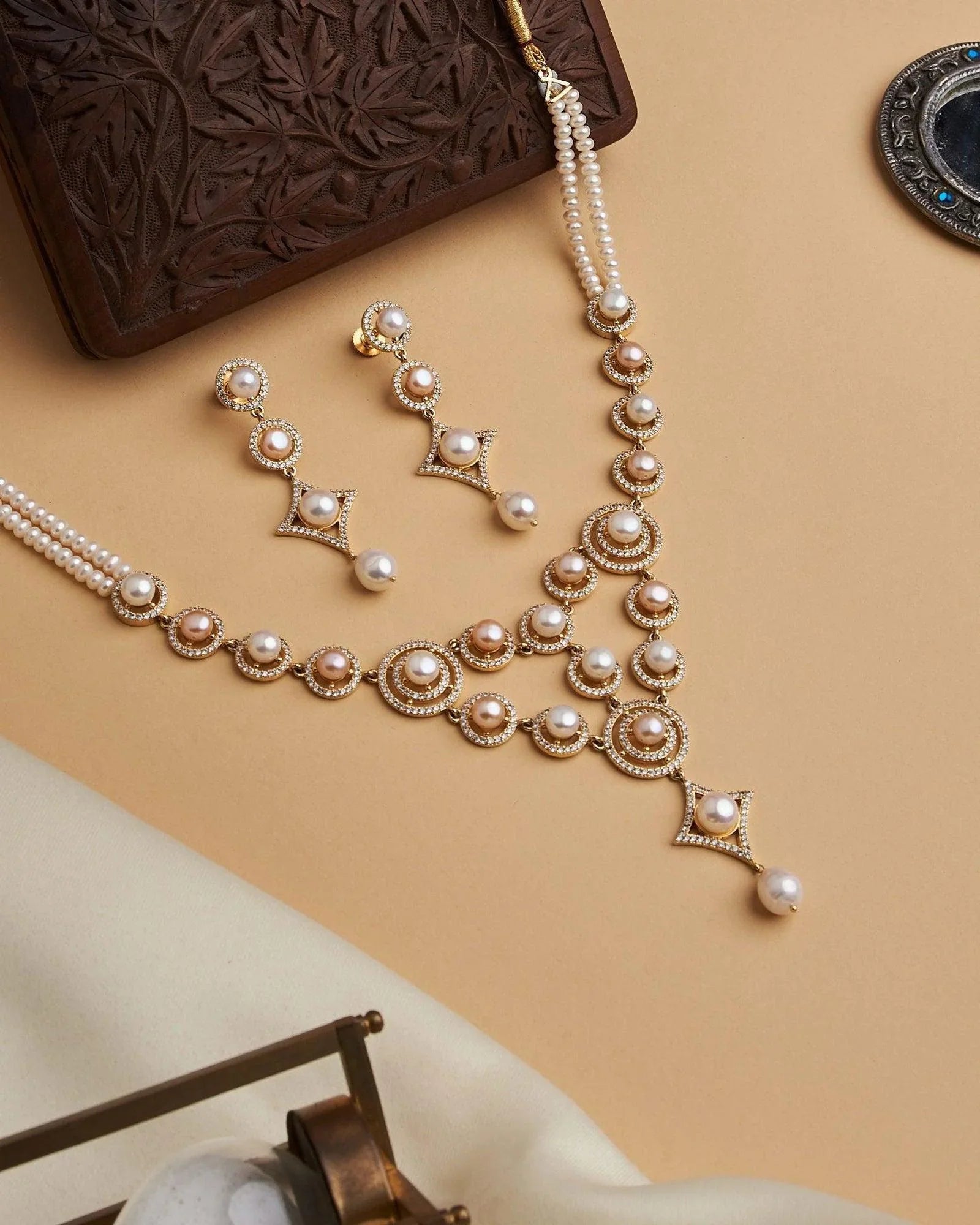 Dual Tone Pearl and Stone Necklace Set - Main Image
