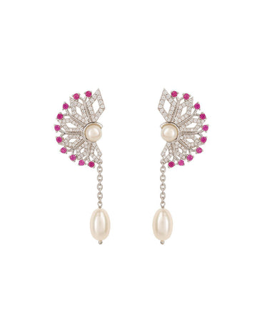 Floral Half Stone Studded Pearl Hanging Earrings - Chandrani Pearls