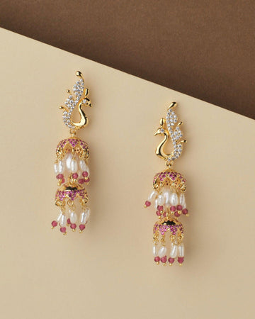 Gorgeous Peacock Pearl Hanging Jhumka - Chandrani Pearls