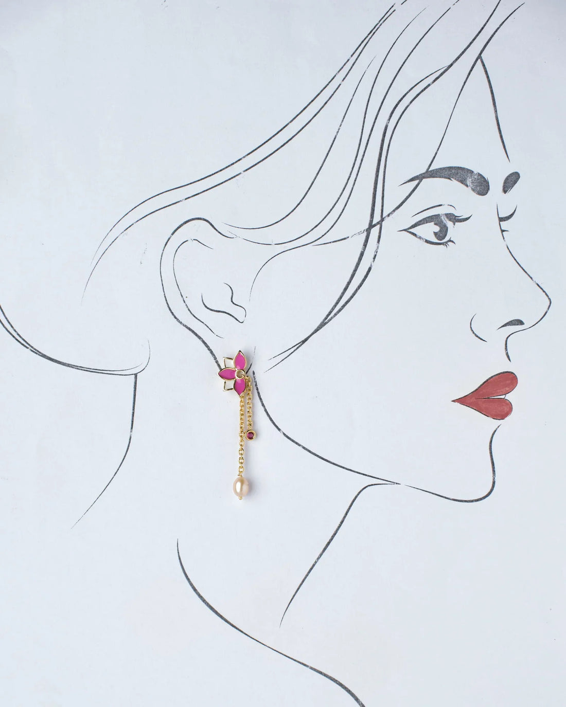 Half Floral Enamel Pink Earring - Chandrani Pearls