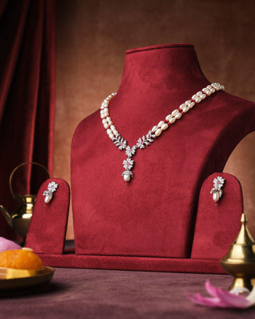 Magnificent Floral CZ Pendant Pearl Necklace Set - Chandrani Pearls