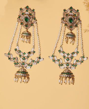 Rangabati Green Stones And Pearl Jhumkas - Chandrani Pearls