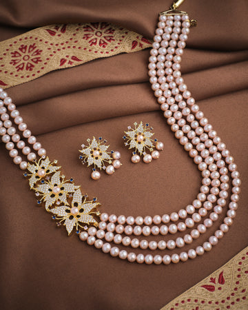 Floral Beautiful Pearl CZ Necklace Set