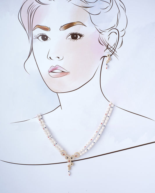 Ravishing CZ Pendant Pearl Necklace Set