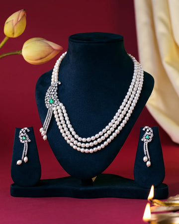 Regal Three-Layer Pearl Necklace Set with Emerald and Diamond Accents