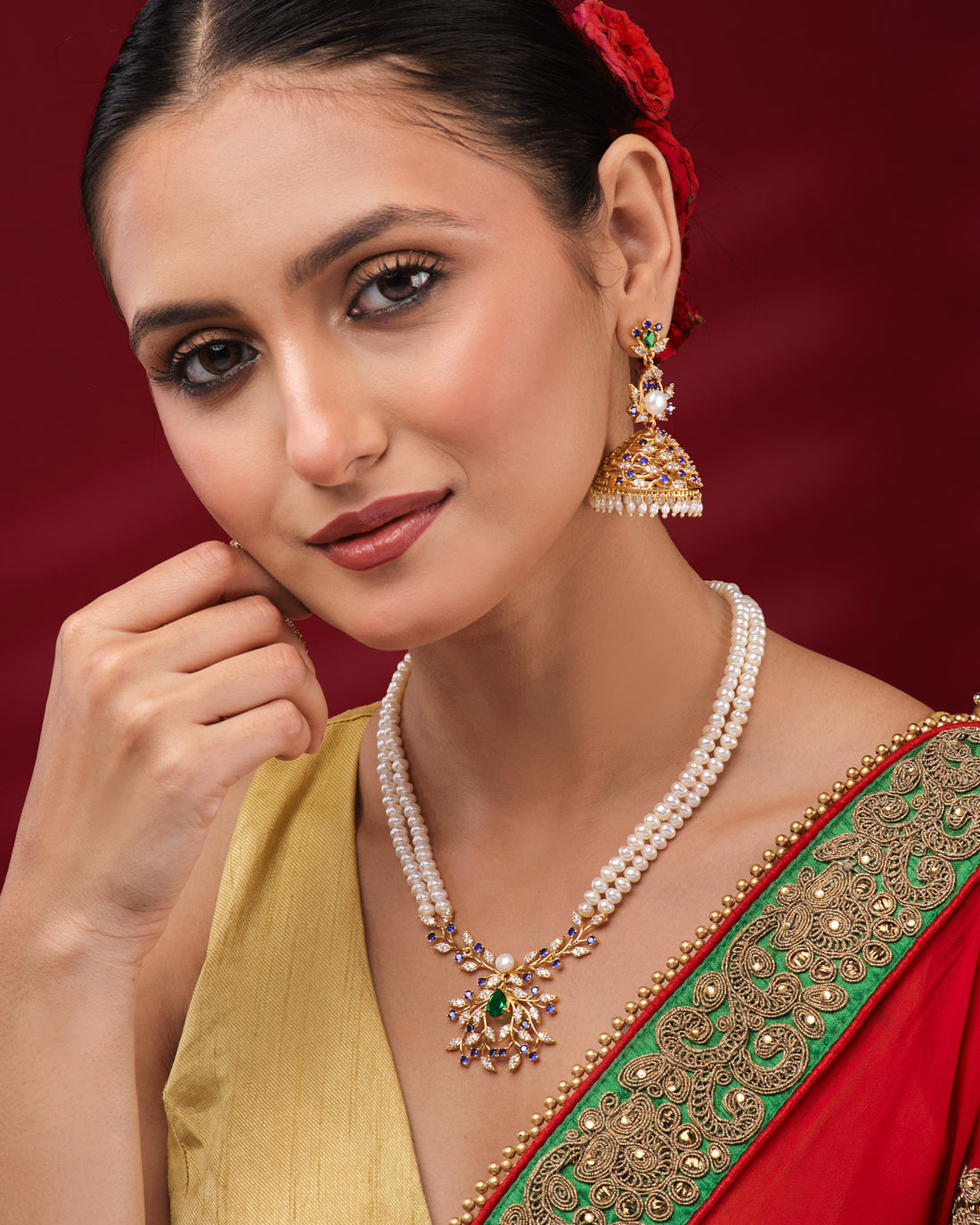 Emerald & Sapphire Beautiful Pearl Bridal Necklace Set