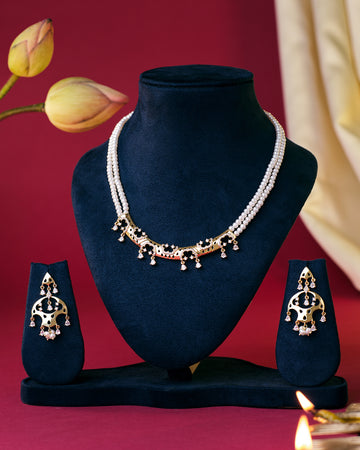 Traditional Dual-Strand Pearl Choker with Gold Motifs and Dangling Pearls