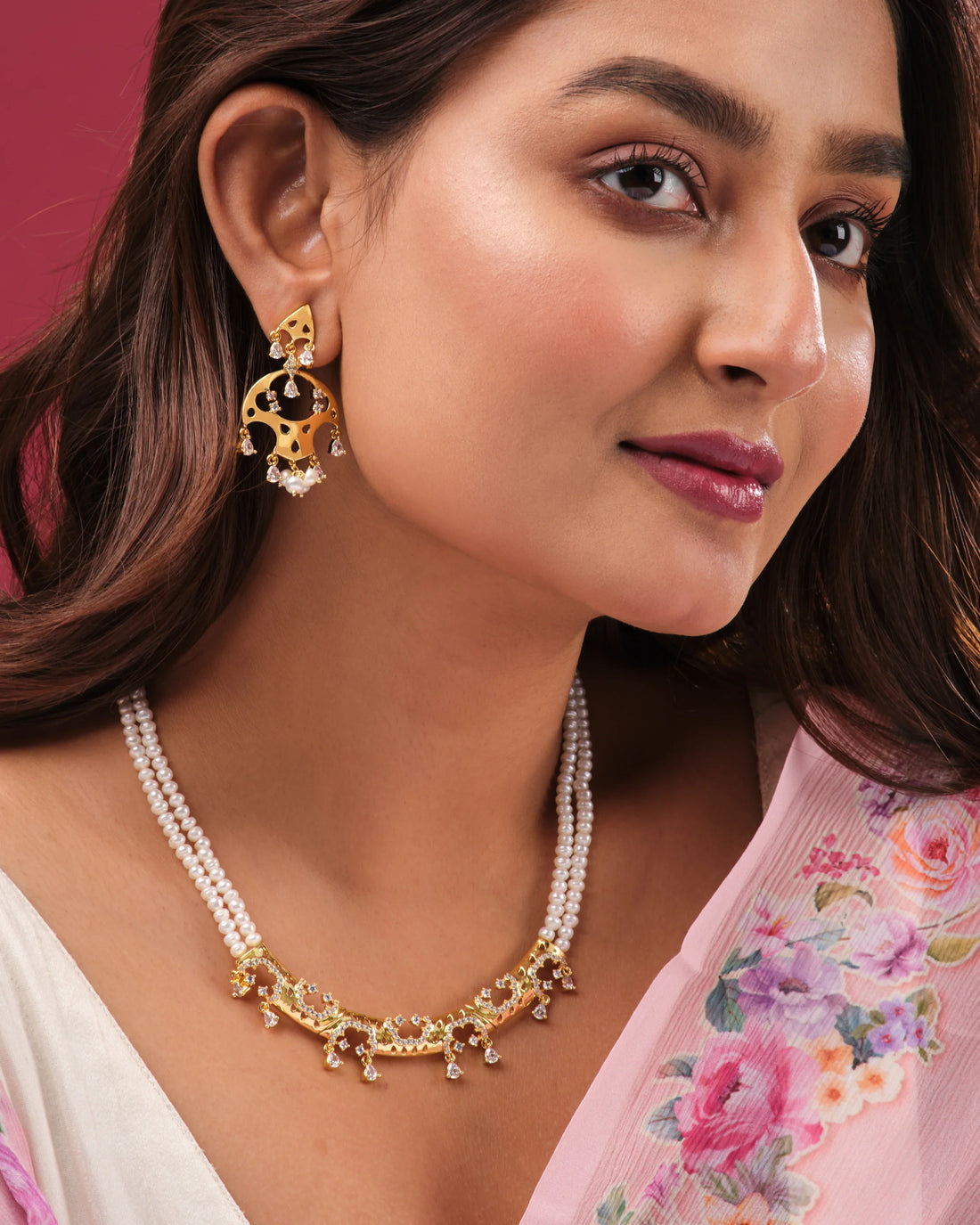 Traditional Dual-Strand Pearl Choker with Gold Motifs and Dangling Pearls