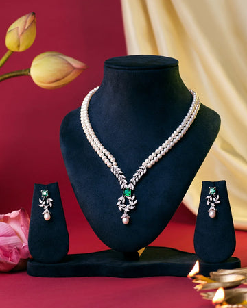 Classic Two-Strand Pearl Necklace with Emerald Pendant & Matching Earrings