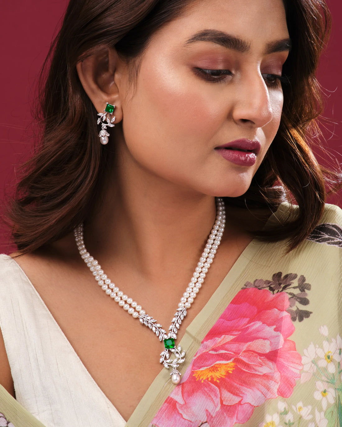 Classic Two-Strand Pearl Necklace with Emerald Pendant & Matching Earrings
