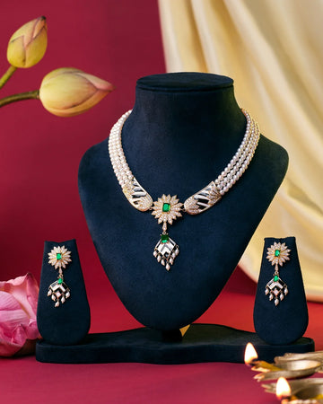Royal Pearl Necklace with Floral Emerald Centerpiece and Matching Earrings