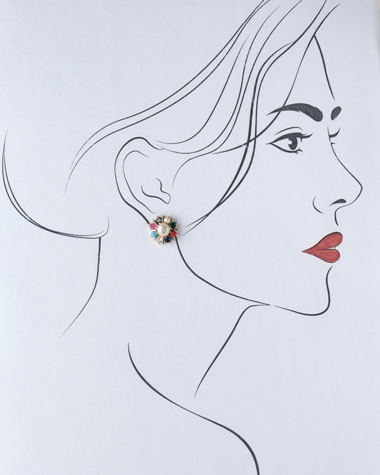 A drawing of a woman wearing Navratan CZ Stud Earrings from Chandrani Pearls India.