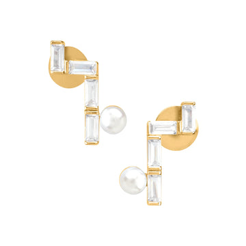 Chandrani Pearls' Minimalist Pearl & CZ Studs feature rectangular cubic zirconia in a zigzag design, each accented with a round freshwater pearl.