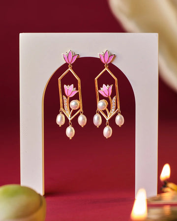 Floral Lotus-Inspired Earrings with Pearls & Enamel Work
