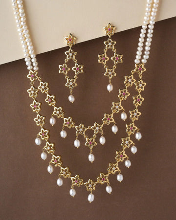 The Scotch Mist- Golden Embellished Pearl Necklace Set - Chandrani Pearls