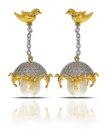 Traditional Bird Stone Studded Pearl Hanging Earrings - Chandrani Pearls