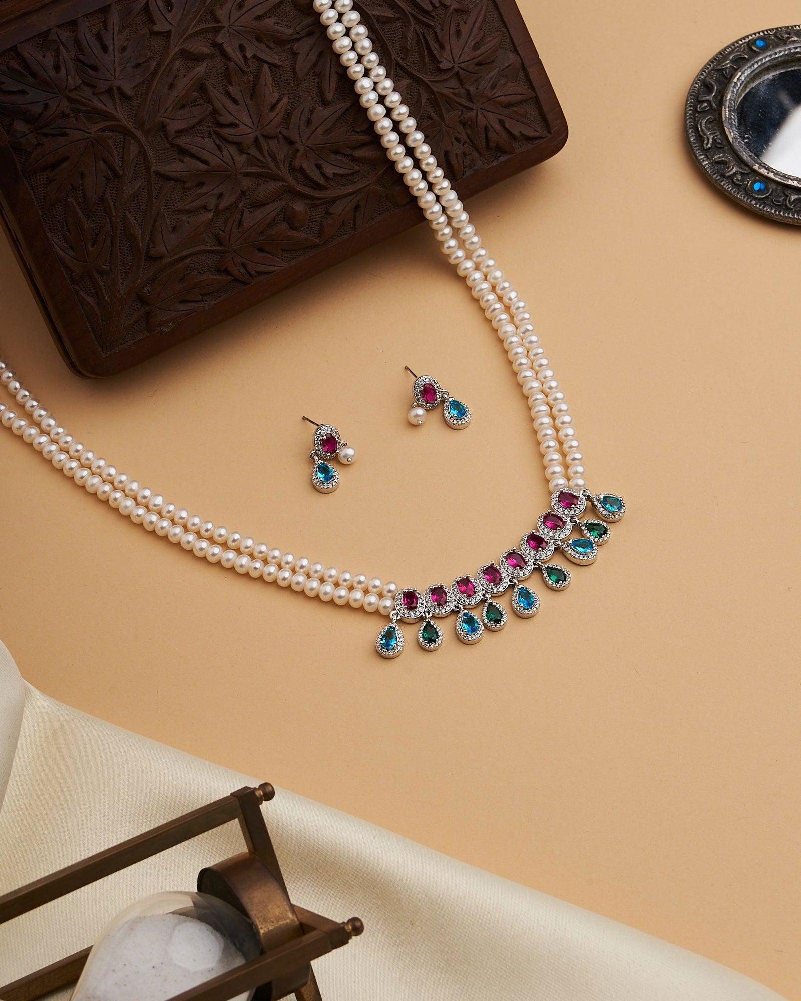 Two Line White Pearl Necklace Set with Pink Blue and Green Stones