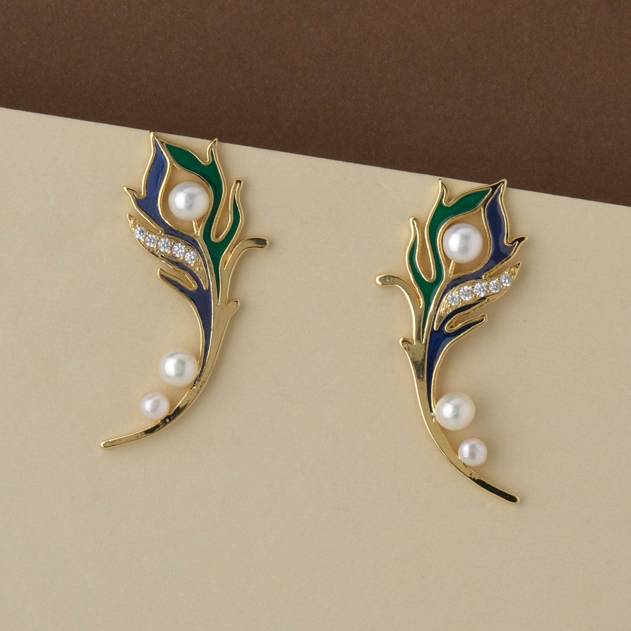 Beautiful Peacock Feather Stone & Pearl Earring - Chandrani Pearls
