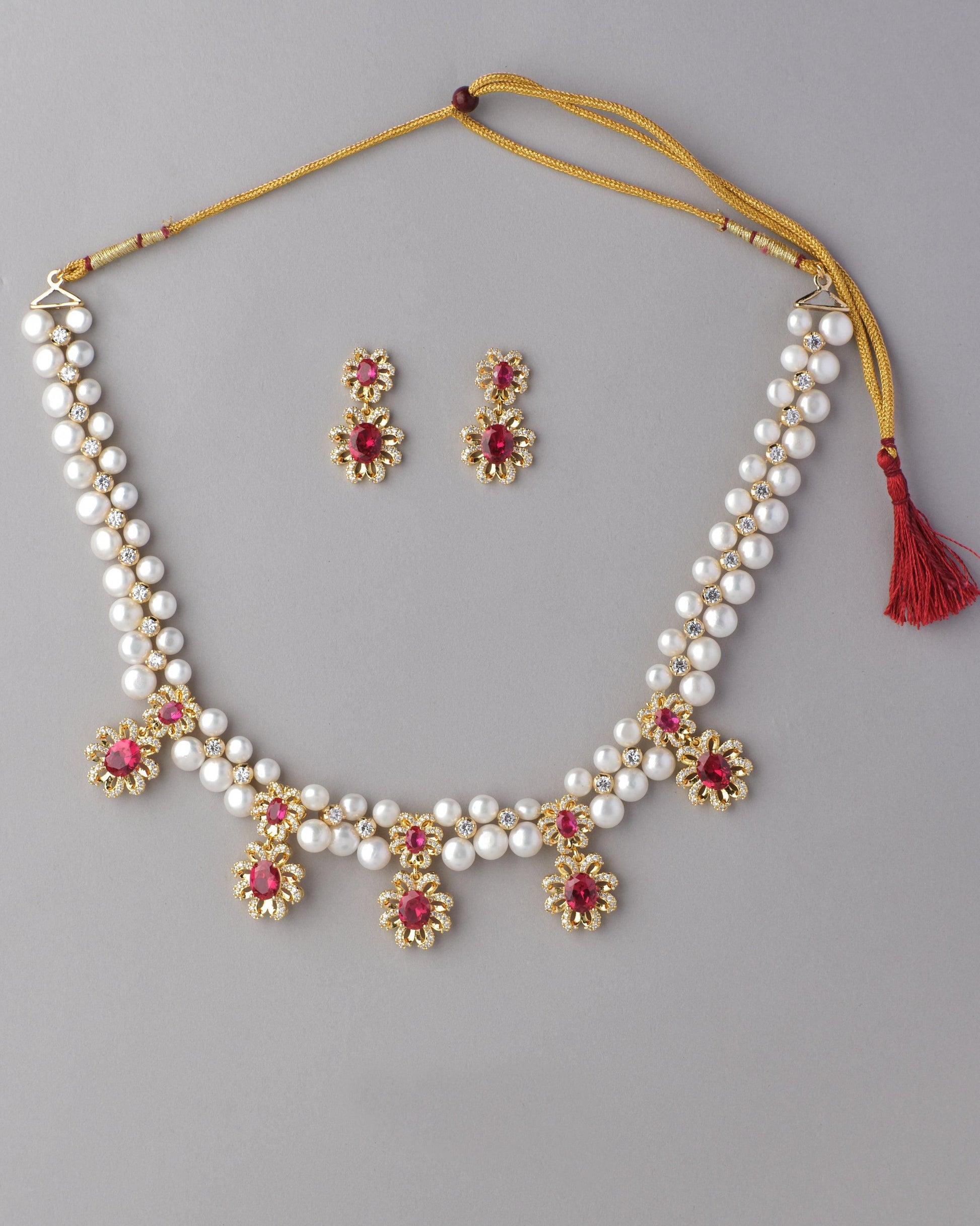 Gorgeous Florial AD Pearl Necklace Set - Chandrani Pearls