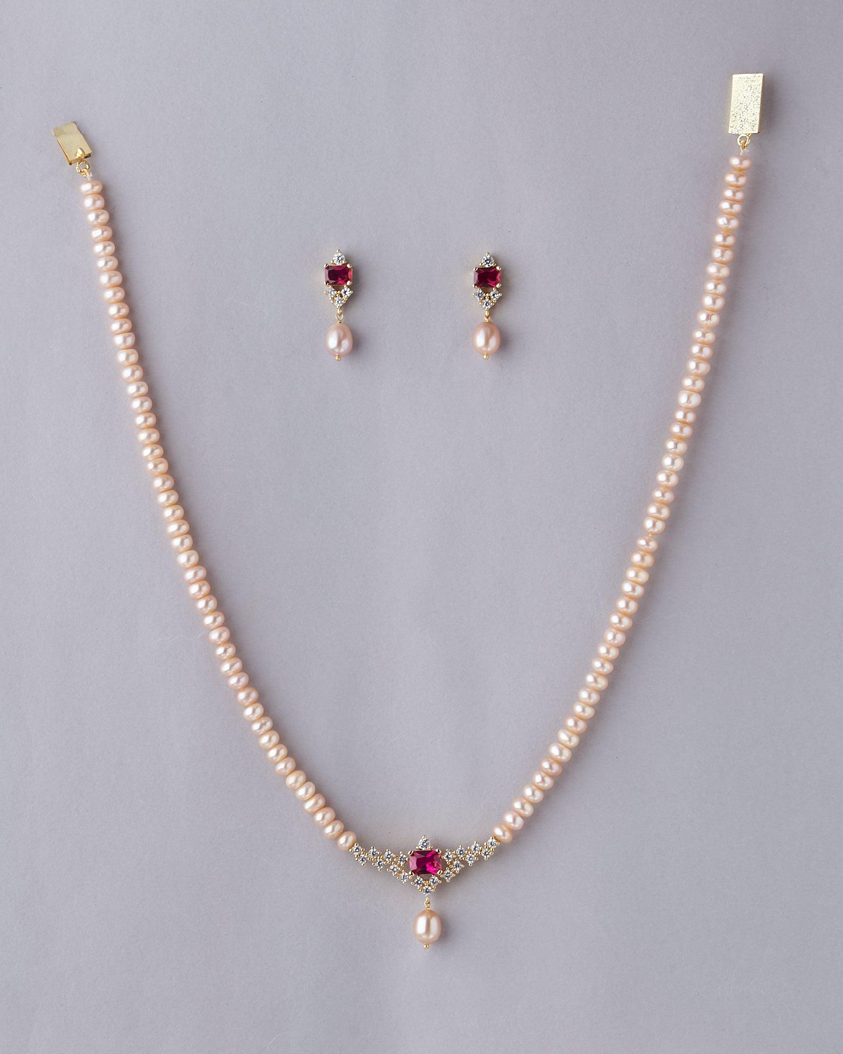 Rose Gold Pearl Necklace With Red Stone Set - Chandrani Pearls