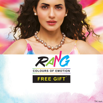 A woman with dark wavy hair wears a beaded necklace and pearl earrings. "Rang Colours of Emotion—Free Gift" is written below her, with a colorful background and T&C apply text.