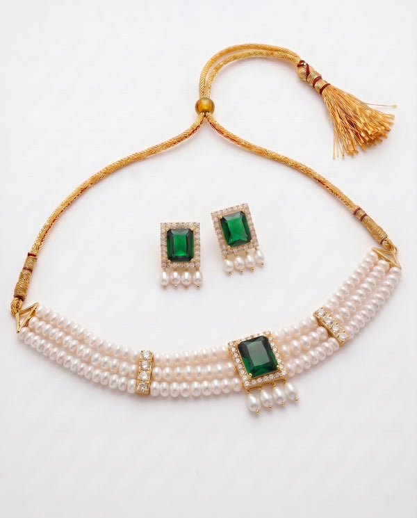 Emerald Majesty Triple-Strand Pearl Choker Set