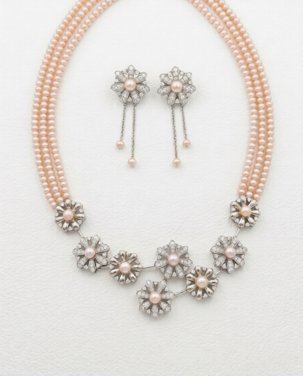 Elegant Triple-Strand Pink Pearl Floral Necklace Set