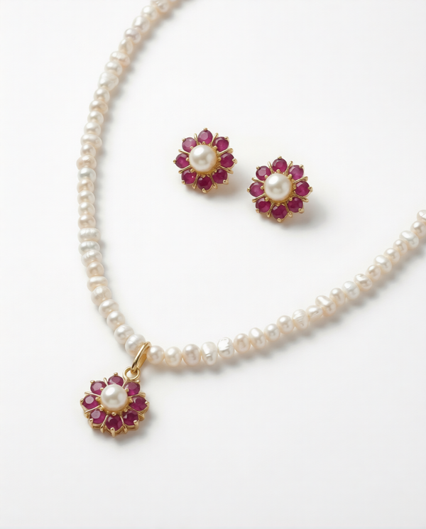 Timeless Ruby-Red Bloom & Pearl Jewellery Set