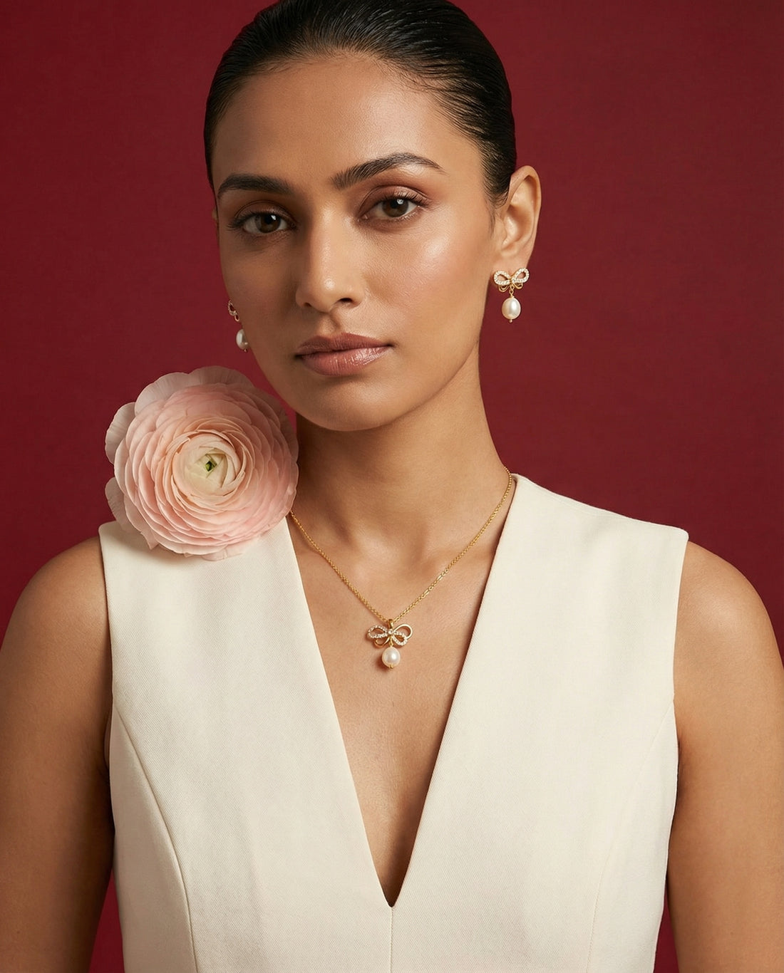 Bow Knot Pearl Drop Pendant with Earrings Set