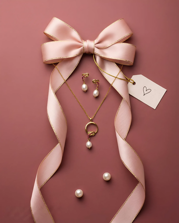 Golden Knot Pearl Drop Pendant with Ruby-Tone Accents Earrings Set