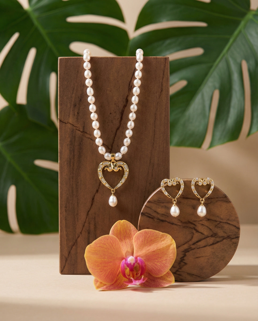Vintage-Style Golden Heart Pearl Set
