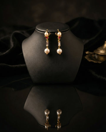 Sleek Ruby and Pearl Dangle Earrings