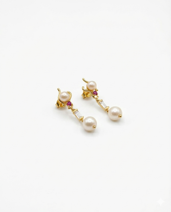 Sleek Ruby and Pearl Dangle Earrings