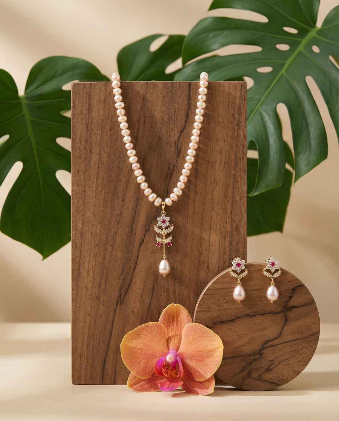 Elegant Peach Pearl Floral Necklace Set