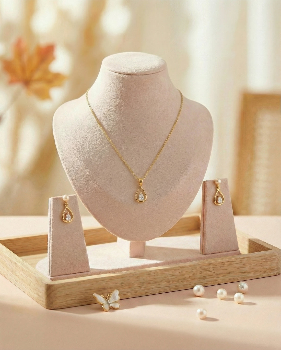 Gold Plated Teardrop CZ Necklace Set