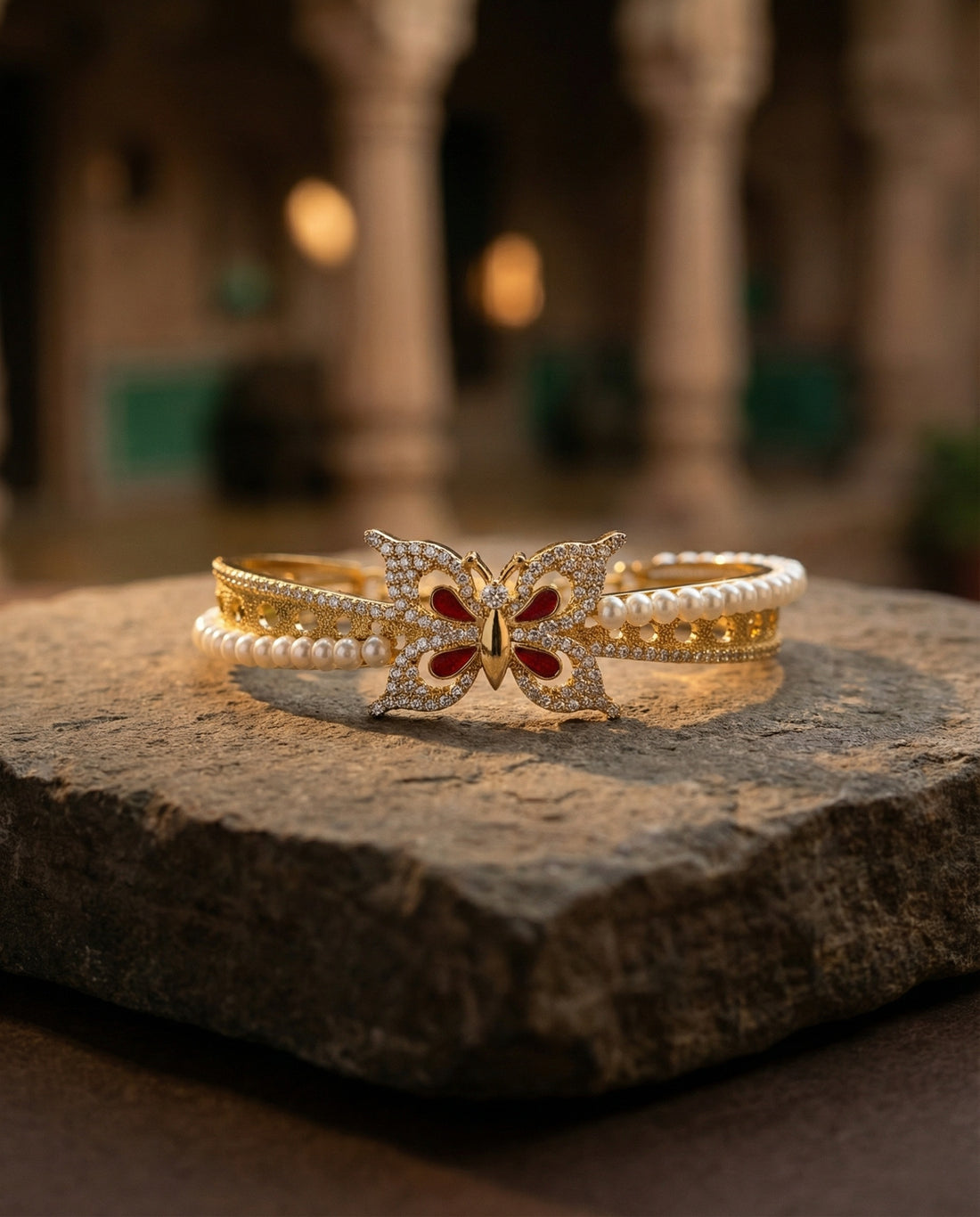 Ornate Gold Plated Butterfly Pearls Bangle