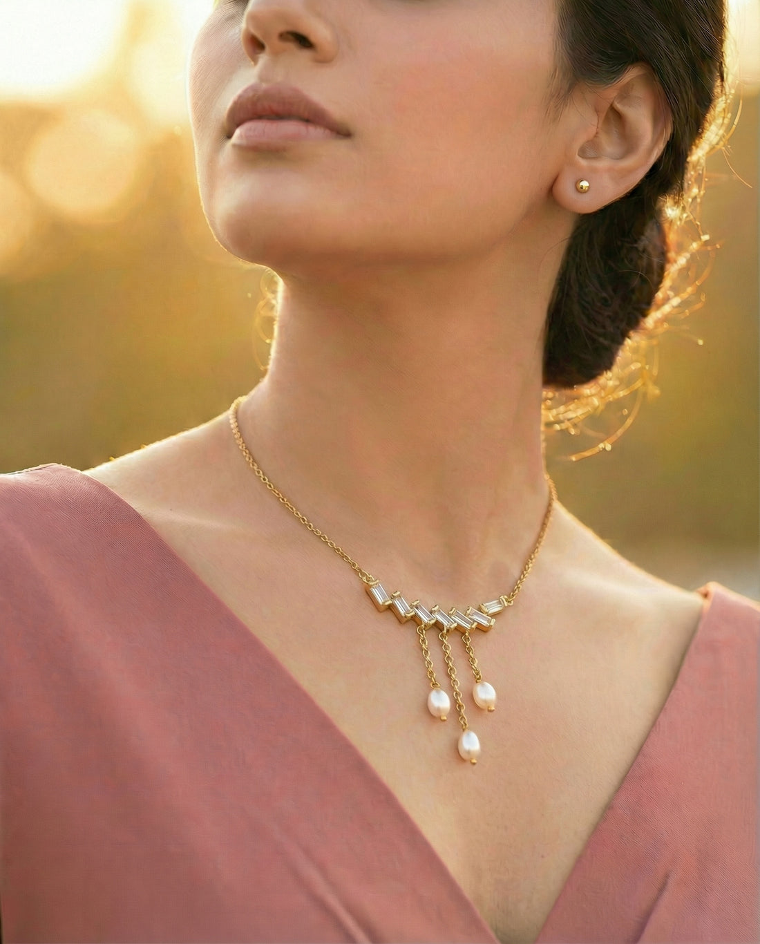 Gold-Plated Baguette-cut CZ Pearl Necklace