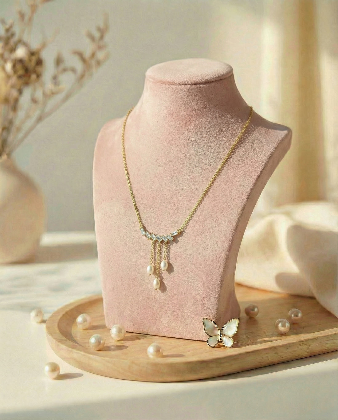 Gold-Plated Baguette-cut CZ Pearl Necklace