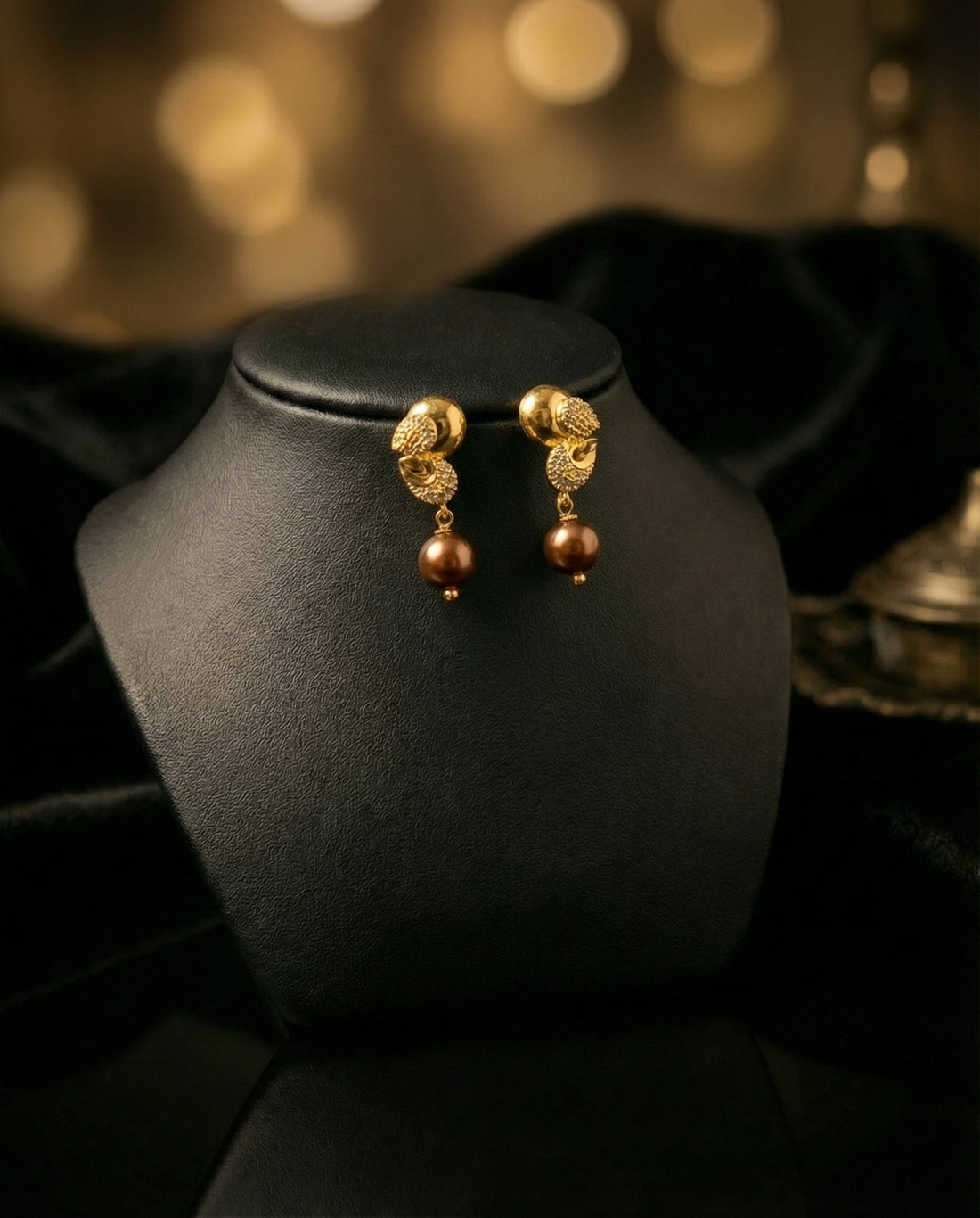 Abstract Gold Stem Pearl Earrings