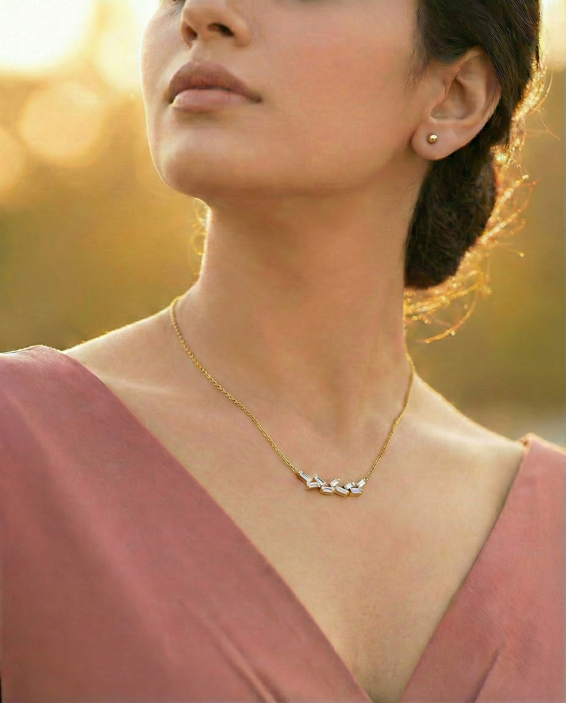 Gold-Plated Mosaic Baguette Cut CZ Cluster Necklace