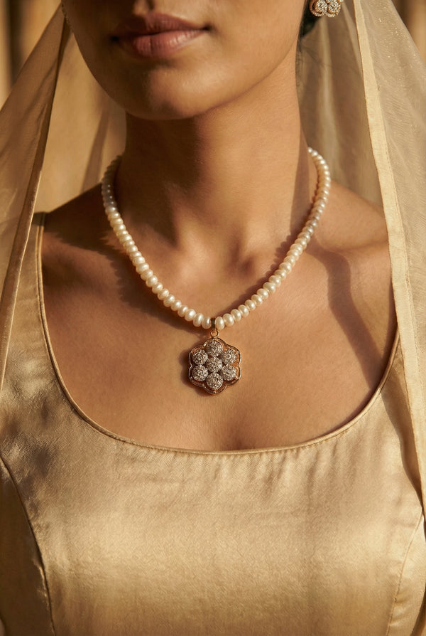 Elegant Floral CZ & Freshwater Pearl Jewellery Set