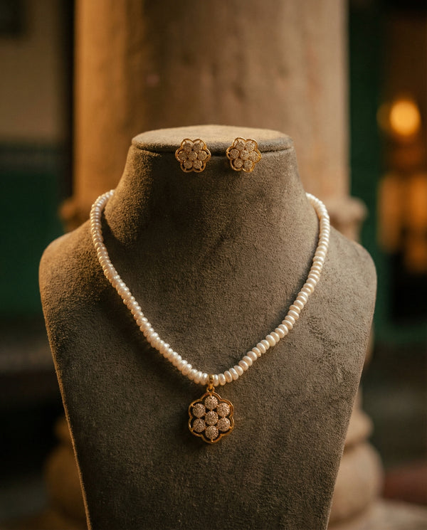 Elegant Floral CZ & Freshwater Pearl Jewellery Set
