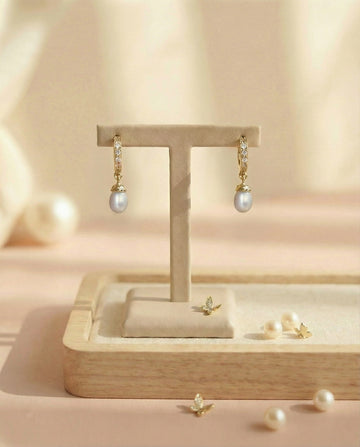 Vintage-Inspired Gold Huggie Drop Pearls Earrings
