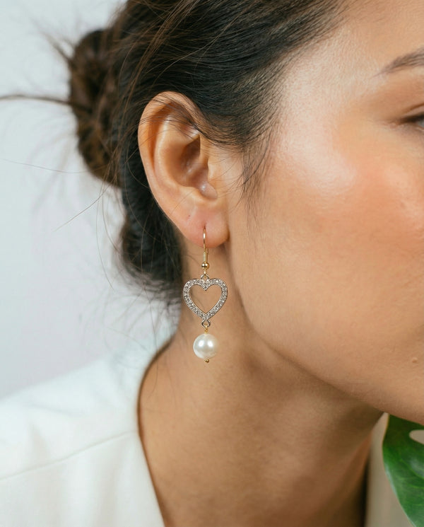 Golden Heart Halo Pink Pearl Drop Earrings